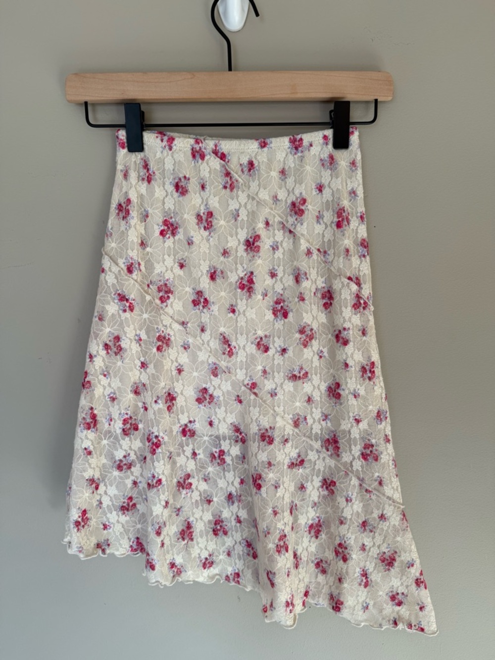 art class Cream Lace Asymmetrical Skirt with Pink Floral Accents